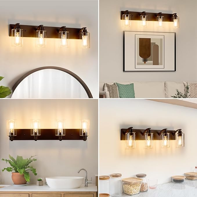 4-Light Bathroom Light Fixtures Modern ORB Vanity Lights for Bathroom Lighting Fixtures Over Mirror with Clear Glass Shade for Cabinet Mirror Bedroom Hallway