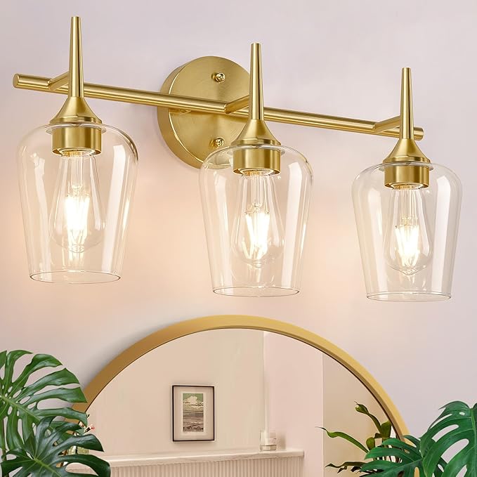 3-Light Bathroom Light Fixtures, 19.5 Inch Brushed Gold Vanity Lights with Wine-Glass Shape, Bathroom Lights Over Mirror, Modern Wall Lamps for Bedroom Living Room Hallway