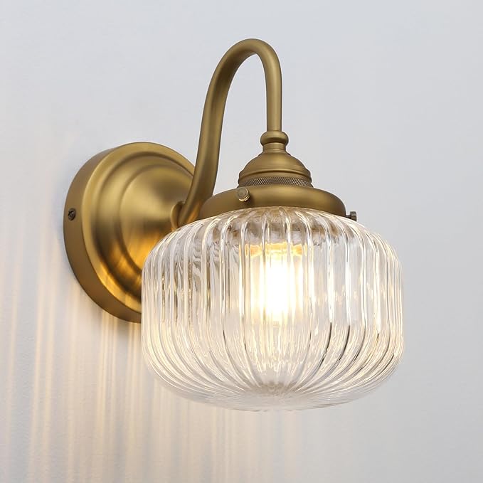 Vintage Gooseneck Wall Sconce 1-Light with Clear Striped Glass Globe Shade Indoor Hardwired Wall Mounted Lamp Fixture