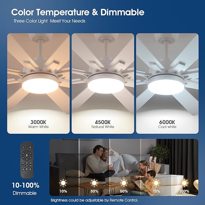 52 Inch Ceiling Fans with Lights and Remote/APP Control, Modern Ceiling Fan for Bedroom Living Room Patio Porch Indoor Outdoor, 6 Speeds, Reversible Quiet Motor, 8 Wood Blades, White