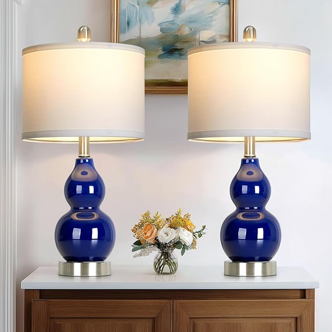 22" Double Gourd Ceramic Table Lamps Set of 2, Navy Blue Modern Bedside Lamps for Living Room, Contemporary Nightstand Desk Lamps for Bedroom End Table Home Office Decor(2 LED Bulbs Included)