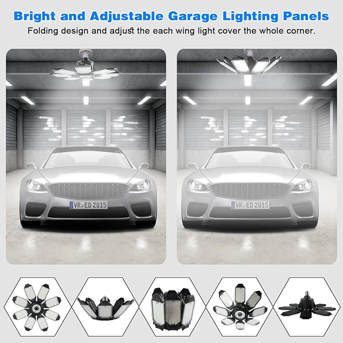 Garage Lights - 40000LM Super Bright Garage Lights Ceiling Led w/ 8 Deformable Panels Compatible for E26/E27 Screw in Socket Garage Lighting Bulb for Barn Basement Shops Attic - 2Pack