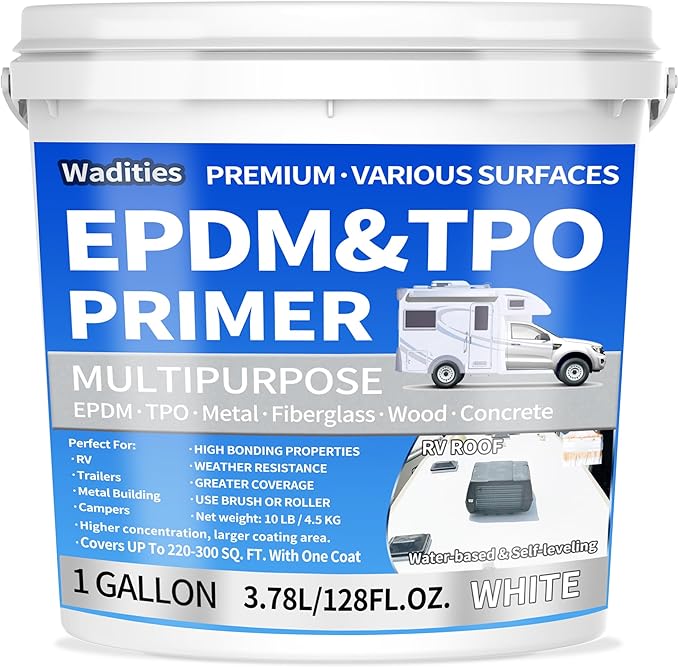 EPDM and TPO Primer White, Multi-Purpose RV Roof Primer, Use on Rubber, Wood, Fiberglass, Concrete, Metal, High-Performance Basecoat for RV, Camper and Trailer Roof Protection - 1 Gallon