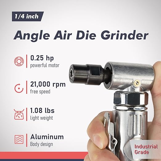 Air Angle Die Grinder, 0.25 hp and 21,000 RPM Motor, Lightwight Aluminum Body, Safety Lock, With 1/4" 1/8" Collets, Pneumatic Power Tool For Grinding and Polishing on Metalwork Woodwork