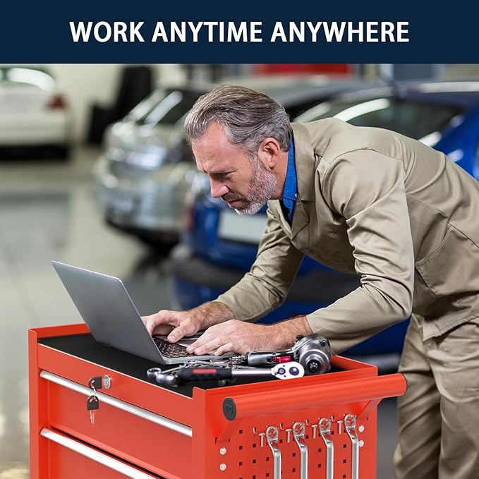 5-Drawer Metal Rolling Tool Chest with Wheels,Tool Storage Cabinet with Locking System，Toolbox with Wheels for Garage, Warehouse, Workshop, Repair Shop (Red, 5-Drawer)