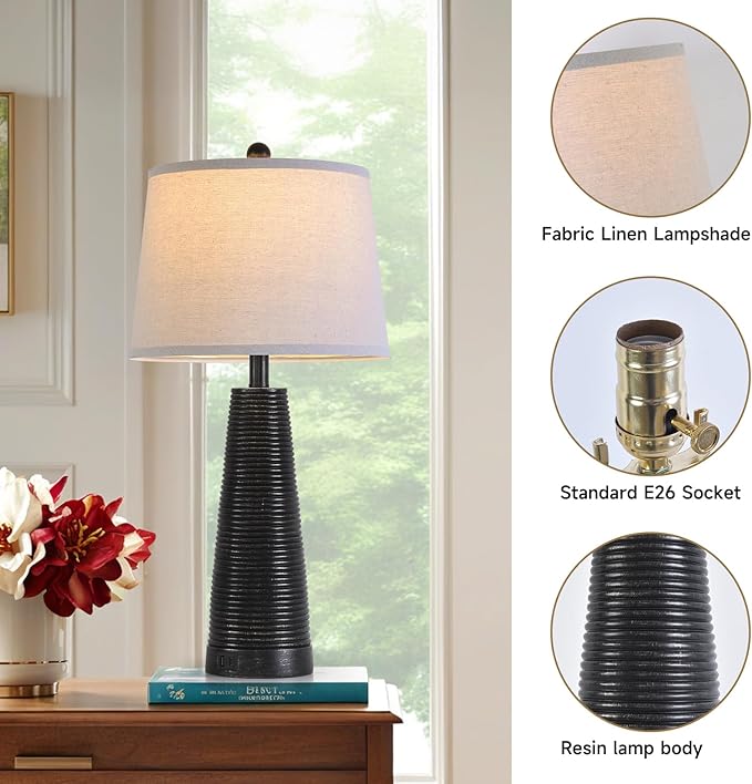 Terpsichore Nightstand Lamp Bedside Lamps Set of 2 Desk Lamp Vintage Rustic Farmhouse Table Lamp 3 Way Dimmable Light,Bulb*2,USB A+C Port (Black with Gold, High 27 Inch)