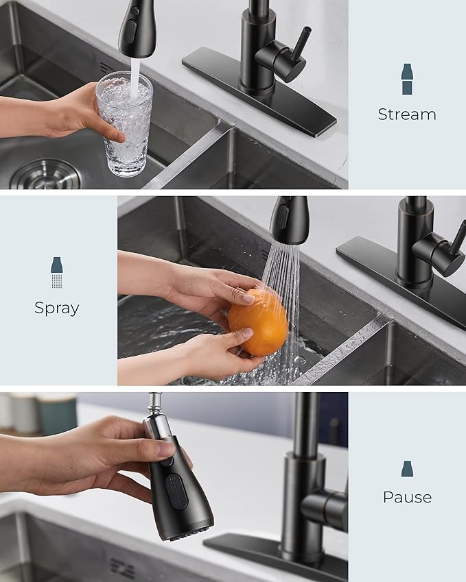 FORIOUS Kitchen Faucets with Pull Down Sprayer, Oil Rubber Brown, High Arc Single Handle Classic Stainless Steel Sink Faucet 1 or 3 Hole, Suitable for Farmhouse Camper Laundry Rv Bar