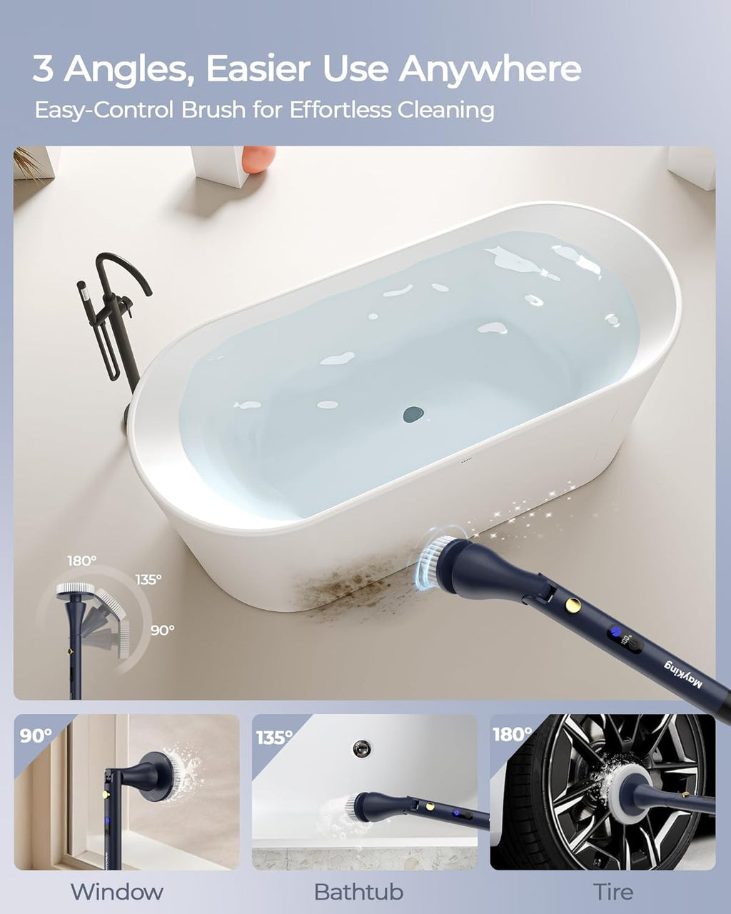 MayKing Electric Spin Scrubber with 9 Brush Heads, 3-Angle & 4-Length Adjustable Cordless Power Scrubber, 3-Speed & Battery LED Display, Electric Scrubber for Cleaning Bathroom Bathtub Floor Tiles