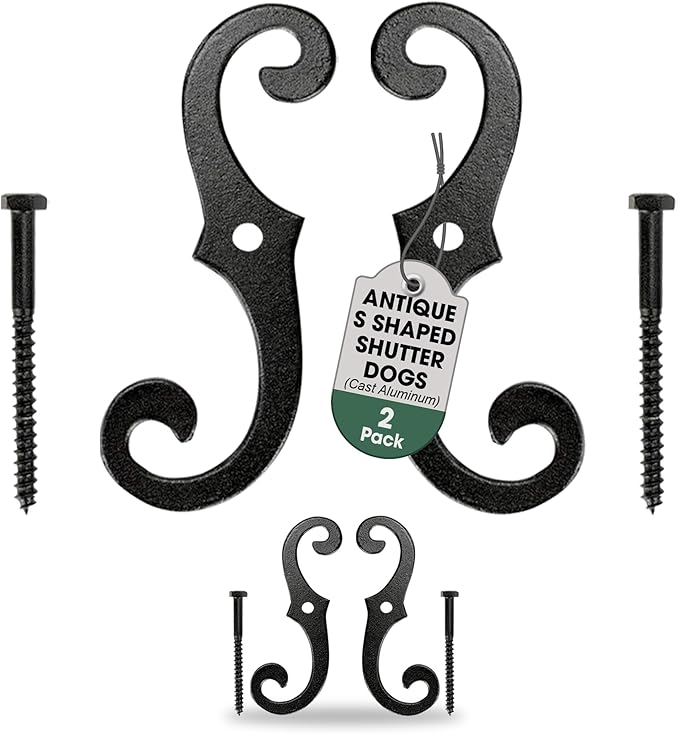 Renovators Supply Shutter Fasteners - Decorative S Style Shutter Dogs Hardware - Rust Resistant Powder Coated External Shutter Tieback Including Mounting Screws - 6.5 Inches, Cast Aluminum, Pack of 2