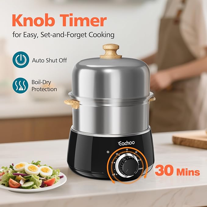 Hard Boiled Egg Cooker - CACHOO 14-Egg Rapid Stainless Steel Egg Boiler with 30-Min Timer & Auto Shut Off, Compact Electric Vegetable Steamer for Cooking, Dishwasher Safe, Black