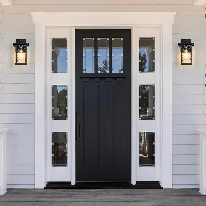 Outdoor Wall Sconce, Outside Porch Light Fixtures, Wall Mount Anti-Rust Exterior Wall Lights in Wood Grain Finish & Black Finish with Water Ripple Glass for Garage Doorway Entryway