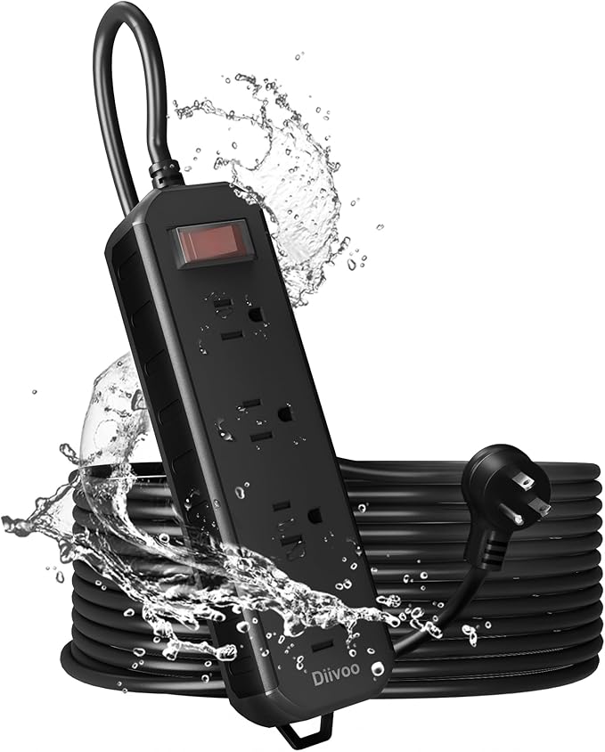 Outdoor Power Strip Weatherproof, 25 FT Extension Cord, Diivoo Waterproof Surge Protector with 4 Outlets 1250W Shockproof Overload Protection, Flat Plug, Black