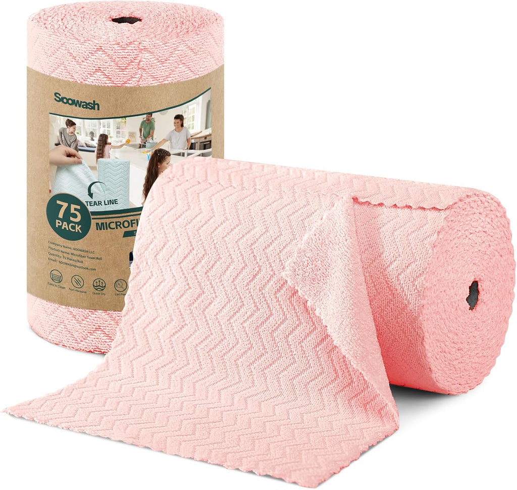 Microfiber Cleaning Cloths Roll, 75 Pack Tear Away Microfiber Towels Roll, 12" x 12" Lint Free Rags, Reusable Cleaning Cloths, Washable, Scratch Free,Ultra Absorbent Dish Rags(Pink Ripple)