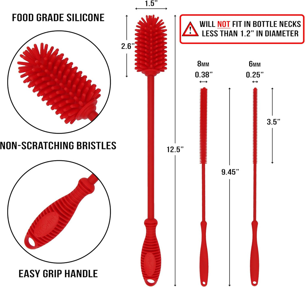 12.5" Silicone Bottle Brush & Straw Cleaner Brush Set | Water Bottle Cleaner for Hydro Flasks, Tumblers, Glassware, Vases and Narrow Neck Containers