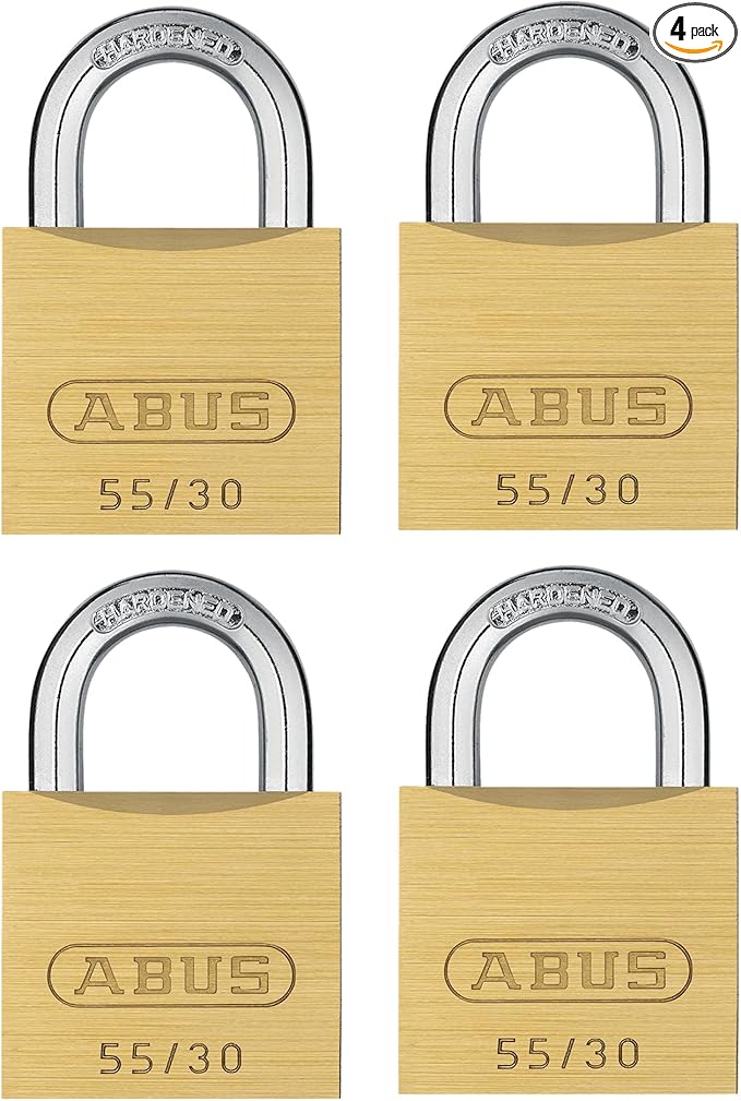 ABUS 55/30 4 Pack Small Solid Brass Padlock with 2 Keys for School, Gym, Cabinet 1 9/64in (30mm) Wide, Keyed Alike