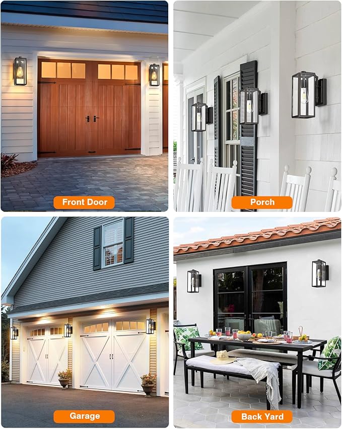 VIANIS Dusk to Dawn Outdoor Wall Lighting, Exterior Waterproof Wall Sconce Light Fixtures, Black Outside Porch Lights with Toughened Glass Shade, Anti-Rust Wall Mount Lantern for Garage 2Pcs