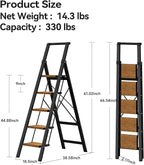 HillhutApex 5 Step Foldable Aluminum Step Ladder with Handgrip, Anti-Slip Pedal, 330 lbs Capacity, Lightweight & Portable for Home, Kitchen, Office, Garage (Black Woodgrain)