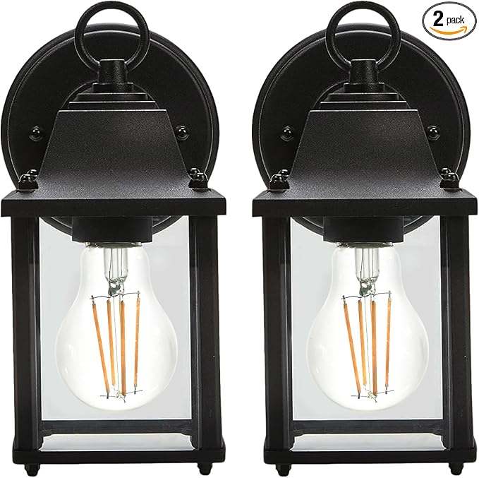 Outdoor Light Fixture, Matte Black Front Porch Lamps Width Glass Shades, 8.7IN Exterior Waterproof Wall Mount Lantern with E26 Sockets, Outside Lights for House Garage Doorway Patio 2Pack