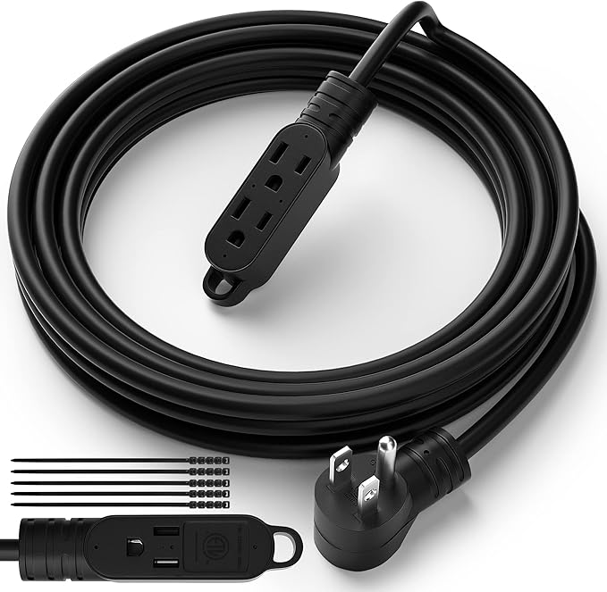 3 Prong Power Extension Cord with Multiple Outlets 10 FT, 16/3 Gauge Multi 3 Outlet Wire, 90 Degree Angled Male Plug, 16 AWG Grounded Wire (13A 125V 1625W), ETL Listed, Black Cable with 25 Cable Ties