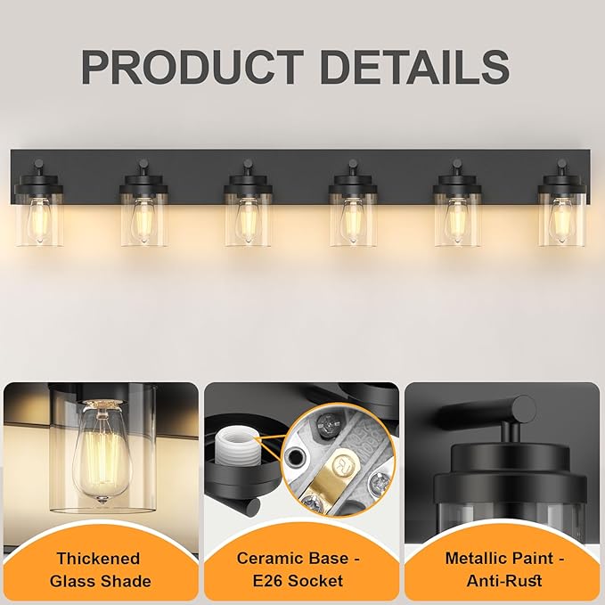 IZORRO Bathroom Vanity Light Fixture, 6-Light 43 Inch Matte Black Bathroom Light Fixtures Over Mirror, with Clear Glass Shade, Modern Farmhouse Vanity Lights, Rustic Restroom Lighting Fixtures
