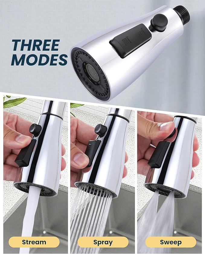 ARCORA Kitchen Faucet Spray Head Chrome, 3-Function Kitchen Sink Spray Nozzle with 9 Adapters, Kitchen Faucet Head Replacement Compatible with Moen, Delta, American Standard Faucets