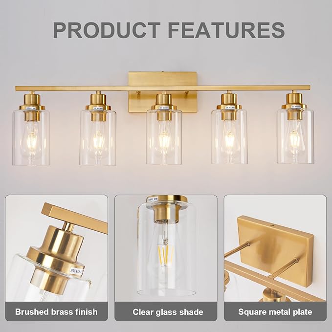 5 Light Gold Bathroom Light Fixtures Brushed Brass Vanity Light Over Mirror Modern Wall Lighting Sconces Wall Lamp for Bathroom, Bedroom, Living Room E26 Socket with Glass Shade
