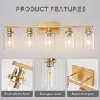 5 Light Gold Bathroom Light Fixtures Brushed Brass Vanity Light Over Mirror Modern Wall Lighting Sconces Wall Lamp for Bathroom, Bedroom, Living Room E26 Socket with Glass Shade