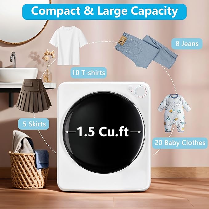 800W Electric Portable Clothes Dryer, High End Laundry Front Load Tumble Dryer Machine with Stainless Steel Tub, 5 Mode Simple Control Knob secadora de ropa for Apartment, Dorm, RV