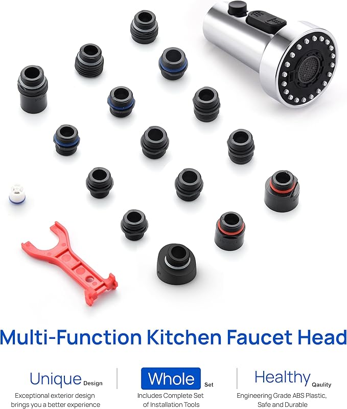 J-HVA Pull Down Kitchen Faucet Sprayer Head Replacement Part with 15 Connectors, 3 Function Pull Out Sink Sprayer Replacement Nozzle, Kitchen Faucet Head Hose Spray Tap Spout, Chrome
