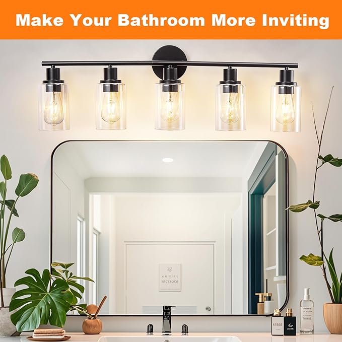 DLLT 5-Light Bathroom Light Fixtures: Black Modern Vanity Lights with E26 Bulbs - Clear Glass Shade Bathroom Wall Lamp for Mirror Kitchen Living Room Hallway Cabinet Porch