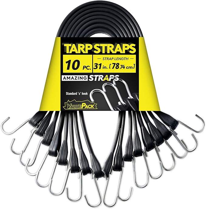 31'' Rubber Bungee Cords Heavy Duty Outdoor with 55.8" Max Stretch & Over 176 lbs Load, 100% EPDM Black Bungee Straps with Standard S Hooks for Cargo, Tarps, Truck, Motorcycle, Weatherproof (50 Pack)