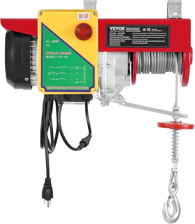 VEVOR Electric Hoist, 1760 lbs 120V Electric Winch with 328 ft Wireless Remote Control, 40 ft Single Cable Lifting Height, Single/Double Slings, Emergency Stop, Lift Hoist for Garage Warehouse Factory