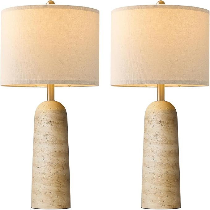 BOBOMOMO 27.25" Modern Table Lamp Set of 2, Beige Resin Lamp with Natural Stone Look, Travertine Lamps for Living Room with Linen Shades, Bedside Lamp for Bedroom, Living Room, Nightstand, Entryway