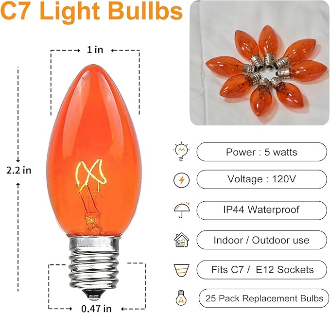 25 Pack C7 Replacement Bulbs, Orange Halloween Light Bulbs, E12 Candelabra Base 5W Incandescent for Outdoor String Lights, Christmas Tree Patio Porch Holiday Party Decor
