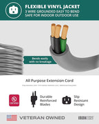 Iron Forge Cable Gray Outdoor Extension Cord 25 ft, 16/3 SJTW 25 Foot Grey 3 Prong Extension Cord Outdoor & Indoor, Weatherproof 13 Amp Heavy Duty Power Cable
