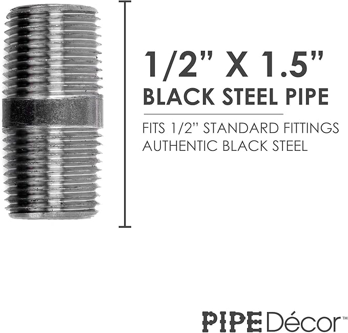 PIPE DÉCOR 1/2" x 1.5" Malleable Cast Iron Pipe Nipple, Pre Cut Connectors, Industrial Steel Grey Fits Standard Half Inch Black Threaded Pipes Nipples and Fittings, Vintage DIY Furniture, 10 Pack