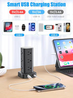 Tower Power Strip with 15W Wireless Charger, 6FT Flat Plug Extension Cord with Multiple Outlets, 12 AC Outlets, 4 USB Ports (2 USB C) Charging Station Surge Protector for Office Home Dorm Room (Black)