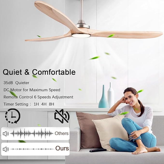 42" Wood Ceiling Fans with Lights and Remote Control,Indoor Outdoor 3 Blades Wooden Ceiling Fan for Garage,Patio,Living Rooms,Bedrooms,Offices,Farmhouse(Nickel+Raw wood)