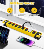 Heavy Duty Power Strip with Individual Switches,8 Outlets 14 Gauge Industrial Shop Garage Metal Multiple Outlets,1200J Surge Protector Mountable Power Strip,10FT Extension Cord Management(Yellow)