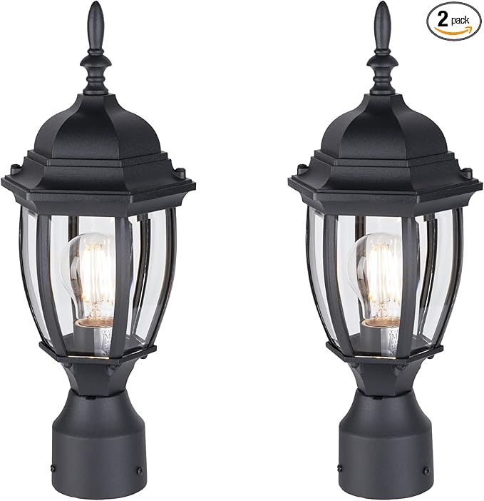 LIT-PaTH Outdoor Post Lighting Fixture Pole Lantern, E26 Medium Base Max 60W, Aluminum Housing Plus Glass, Matte Black Finish, 2-Pack