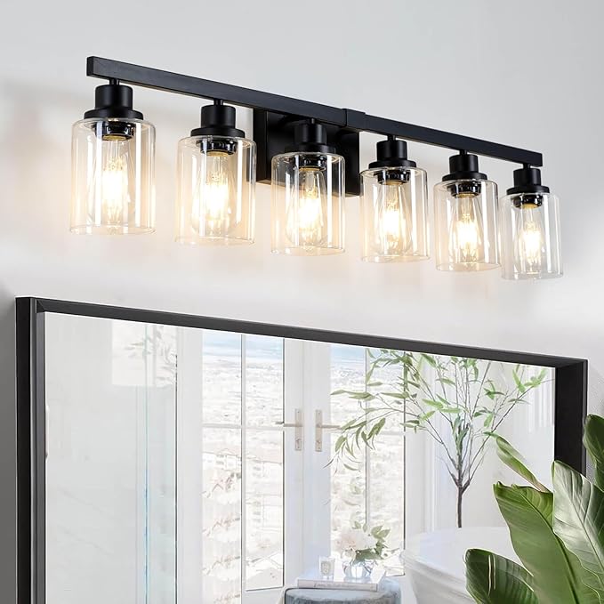 6-Light Black Vanity Lights 38'' Modern Bathroom Vanity Lighting Fixtures Above Mirror， Industrial Matte Bathroom Light Fixtures, Bath Wall Light Fixtures, Black Wall Sconces