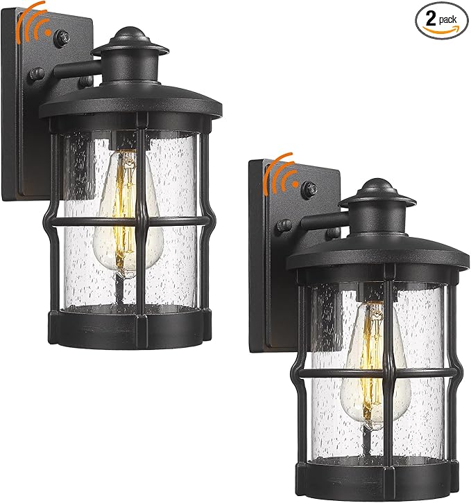 Outdoor Wall Sconces, Dusk to Dawn Outdoor Wall Lights, Exterior Wall Mount Lighting, Wall Light Fixture in Black Finish with Seeded Glass, 2 Pack, DDLTM-W-2Pack