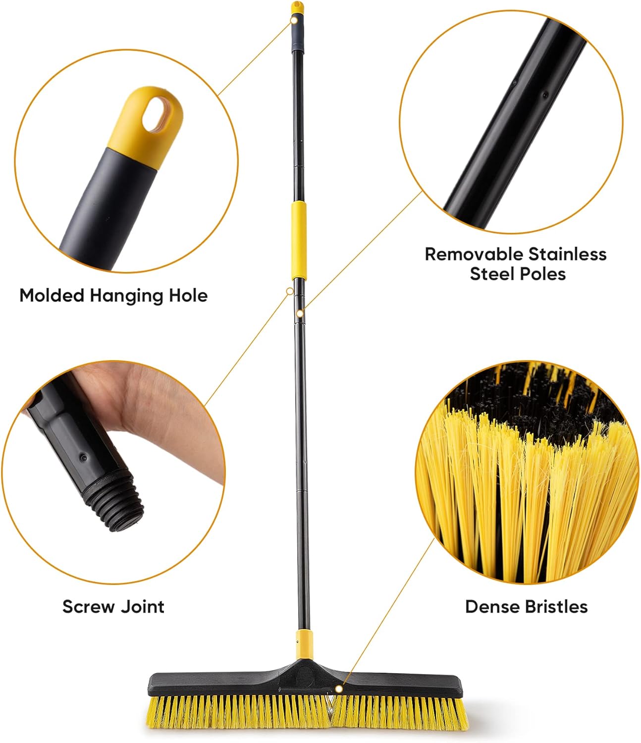 Yocada 24 inch Push Broom Brush Stiff Bristles Heavy-Duty Outdoor Commercial for Cleaning Bathroom Kitchen Patio Garage Deck Concrete Wood Stone Tile Floor 65.3inch Long Handle 2PCS