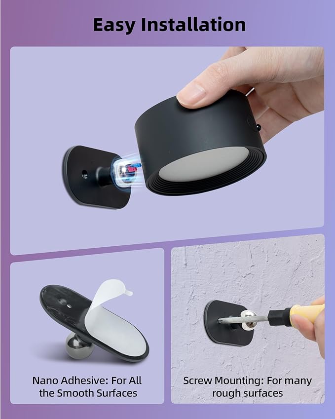 Wall Mounted Lights, 2 Pack Rechargeable RGB Color Changing Light, 3 Color Temps & Remote and Touch, 360°Rotation Dimmable Cordless for Study Bedroom Reading Bedside (Black)