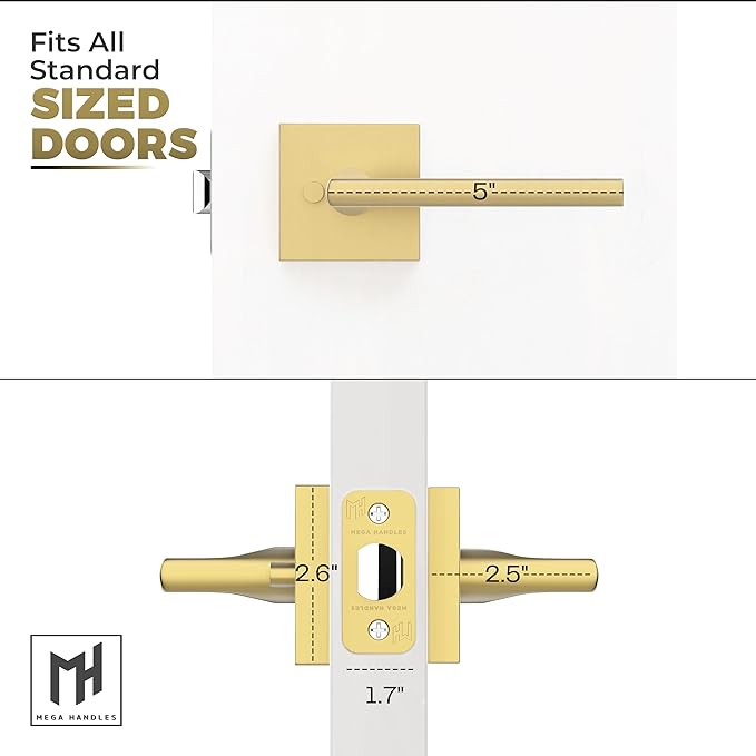 Mega Handles Prime Privacy Lever Door Handle for Hallway, Closet and Bathroom, Keyless Reversible Design Door Levers, Fits All Standard Door Sizes, Covered Screws Included - Satin Brass (1 Pack), 5"