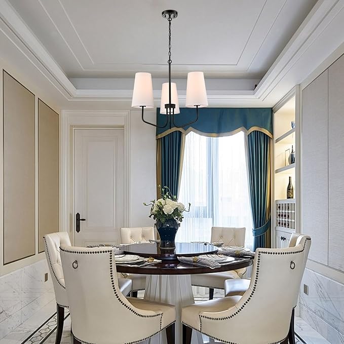 3-Light Black Metal Chandelier with Fabric Shade Adjustable Height Pendant Light for Kithchen,Hallway,Dining Room,Kitchen,Bar