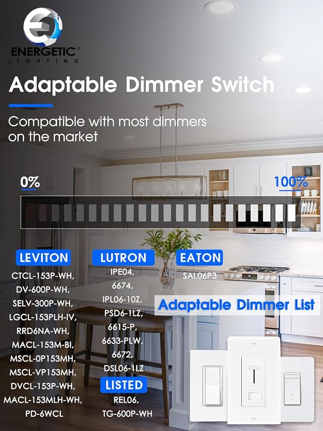 Energetic 6 Pack 4 Inch 5CCT Retrofit Recessed Ceiling Lighting, LED Can Lights, Dimmable Downlight, 5.4W, Equivalent 45W, 2700K/3000K/4000K/5000K/6500K Selectable, Damp Rated, Baffle Trim, ETL
