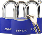 SEPOX® 3 Pcs 2" Large Padlock All-Weather Outdoor Pad Locks Keyed Alike, Long Shackle, Solid Steel Lock, Heavy-Duty with Blue Cover, for Gate Fence Cabinet Toolbox School Gym Locker, 3pcs Same Key