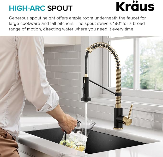 KRAUS Bolden Commercial Style 2-Function Single Handle Pull Down Kitchen Faucet in Brushed Brass/Matte Black, KPF-1610BBMB