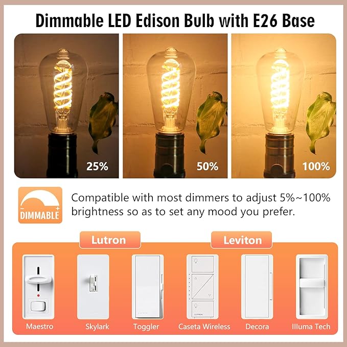 6 - Pack Edison Light Bulbs 60W Equivalent, Dimmable Vintage LED Light Bulbs, E26 Medium Base, ST58, 6W, 600LM, 2700K, 80+ CRI, Antique Decorative Filament LED Bulb
